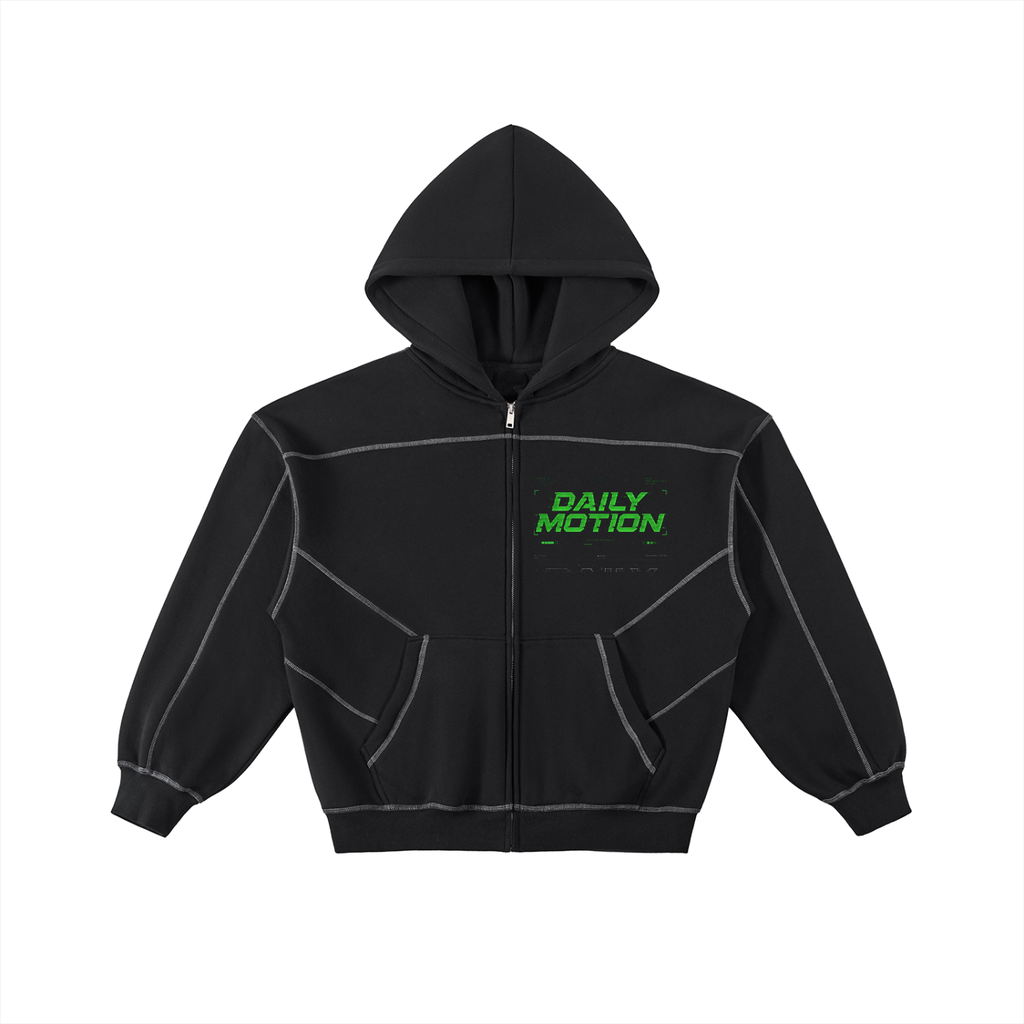 Contrast-Stitched Boxy Fleece Zip Hoodie